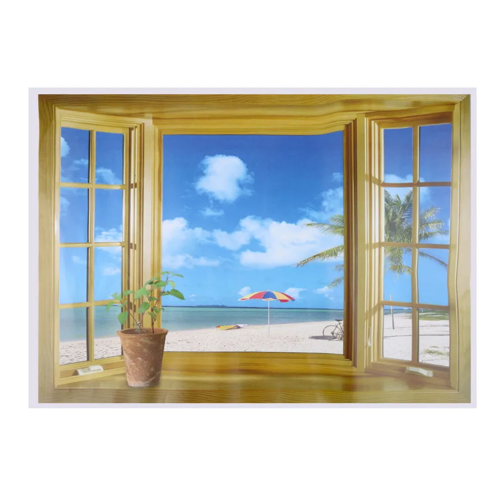 New Window Scenery Beautiful Sea Beach View Wall Sticker Fake New Window Scenery Beautiful Sea Beach View Wall Sticker Fake Poster Decorative Stickers Home Decor