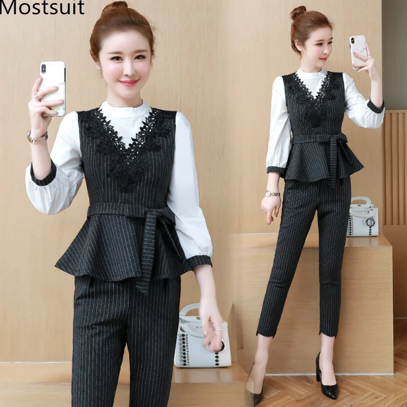 

2019 Spring Office Striped Women Two Piece Sets Fake Two Pieces Tunic Tops And Pants Set Suits Elegant OL Style Ladies Women Set