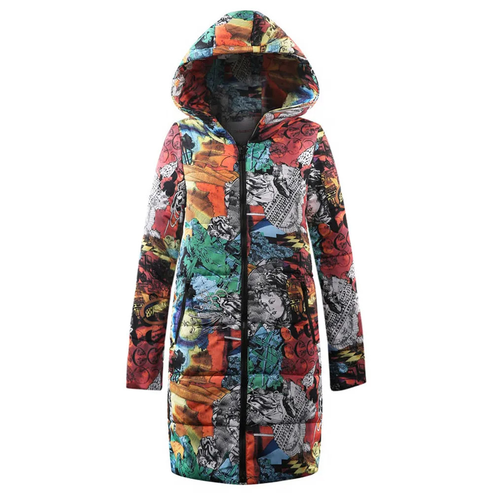 

Winter Warm Womens Long Down Cotton printing Parka Hooded Coat Quilted Jacket Ladies medium long sleeve zipper thickened Outwear