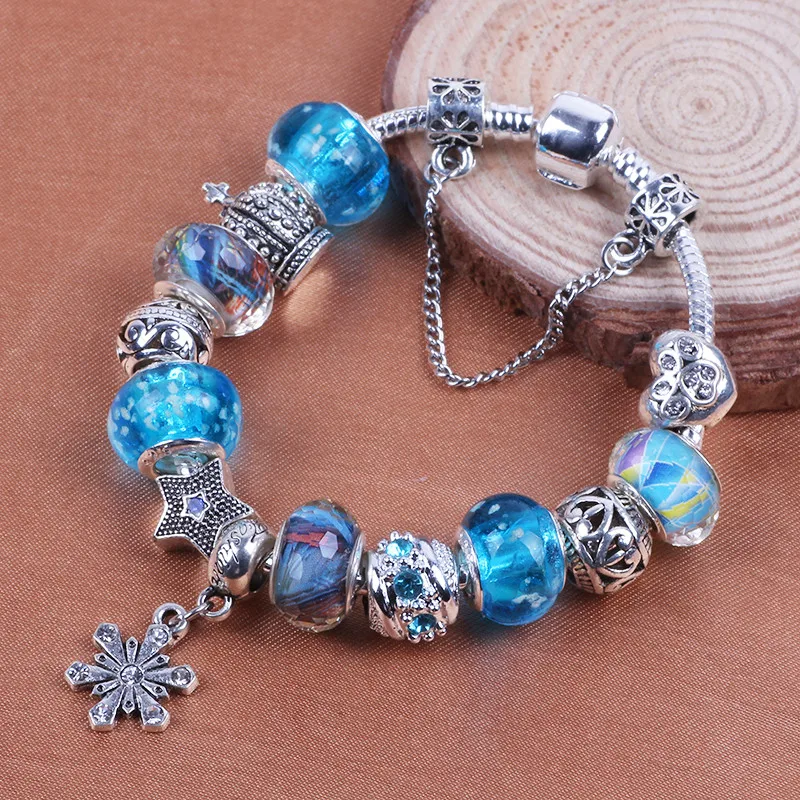 AIFEILI модные ювелирные изделия Снежинка Шарм Браслеты и браслеты для женщин Античный Серебряный Синий Кристалл бусины браслет Pulseira Gfit