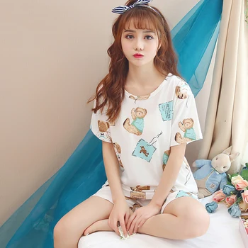 

2019 Summer Short Sleeve Print Thin Pajamas Sets for Women Shorts Sleepwear Suit Pyjama Femme Homewear Pijama Mujer Home Clothes