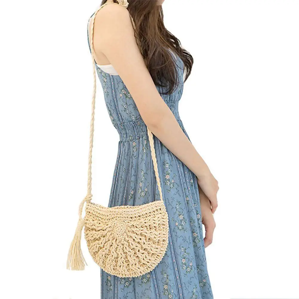 Straw Crossbody Bag Women Weave Shoulder Bag Round Summer Beach Purse
