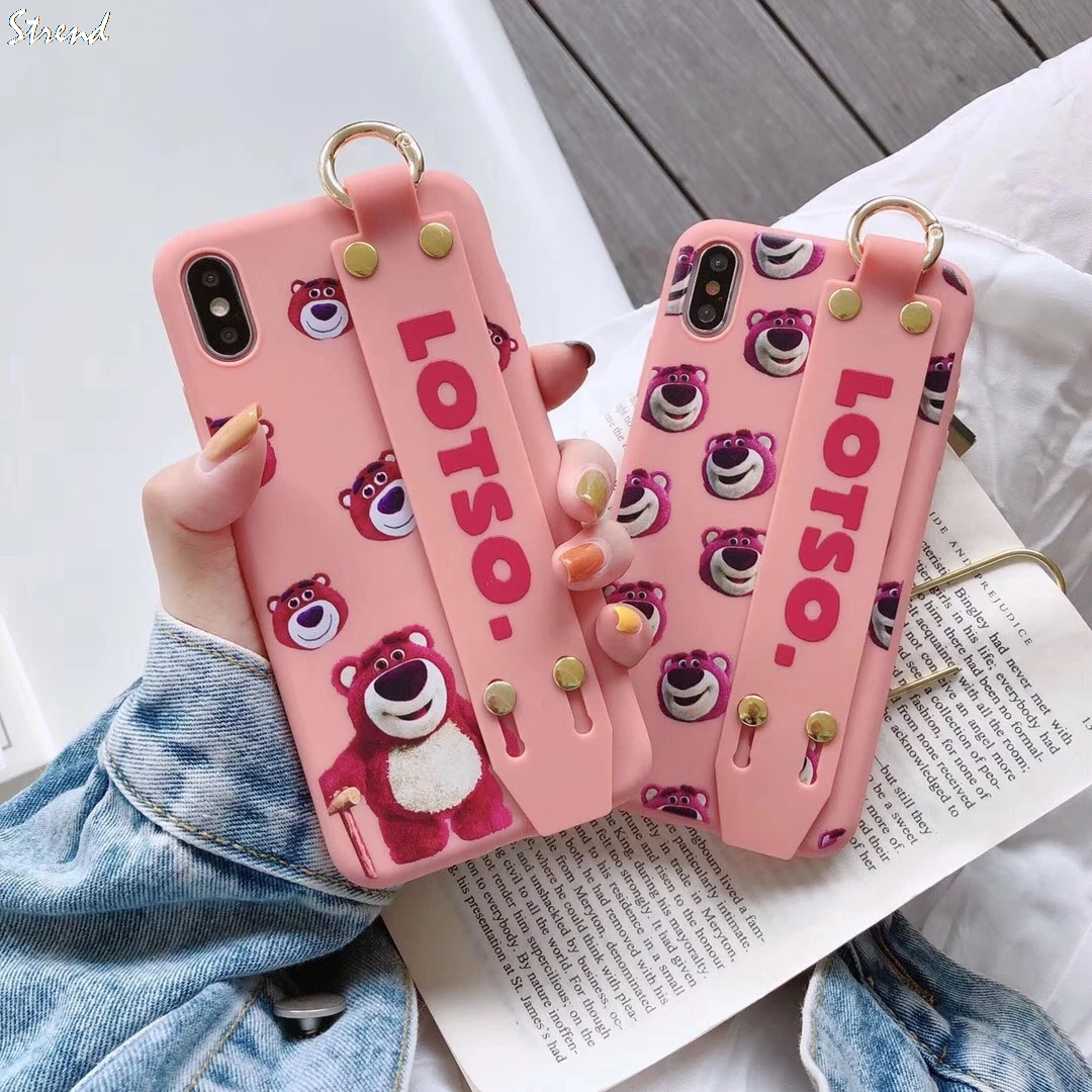 

Cartoon Toy Story LOTSO Strawberry bear wristband bracket Phone Case For iPHONE 7 8 6 6s Plus X XS Max Xr Cute Candy TPU Cover
