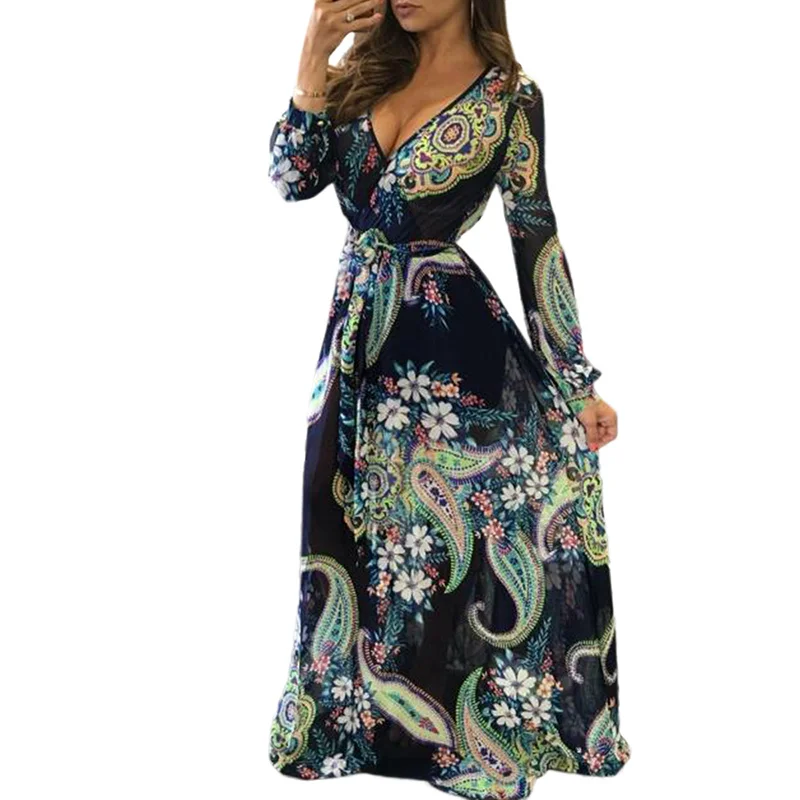 Women African Dress Colorful Print Long Sleeve vestidos mujer V neck ...