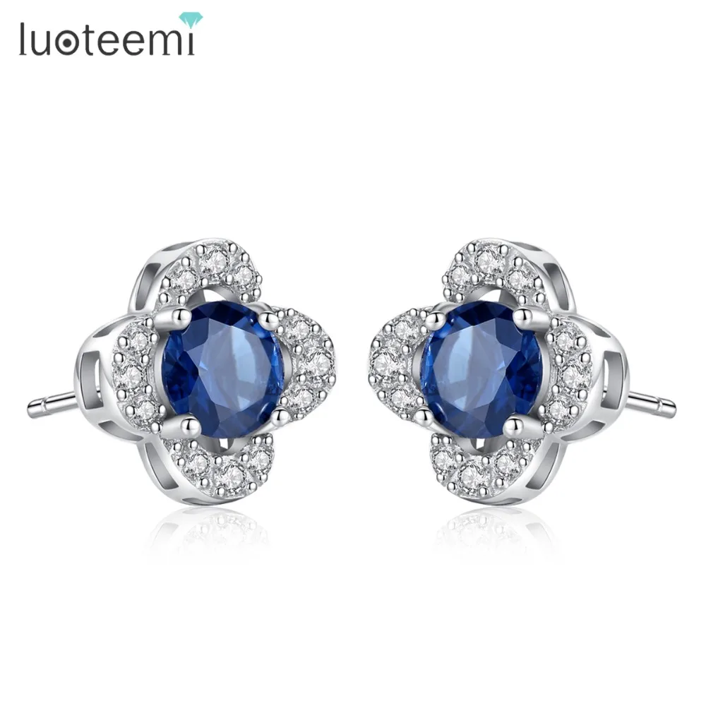 LUOTEEMI фирменные маленькие серебряные серьги-гвоздики из натуральной 925 пробы для женщин, необычные серьги с голубым и прозрачным камнем для помолвки, ювелирные изделия