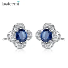 LUOTEEMI фирменные маленькие серебряные серьги-гвоздики из натуральной 925 пробы для женщин, необычные серьги с голубым и прозрачным камнем для помолвки, ювелирные изделия