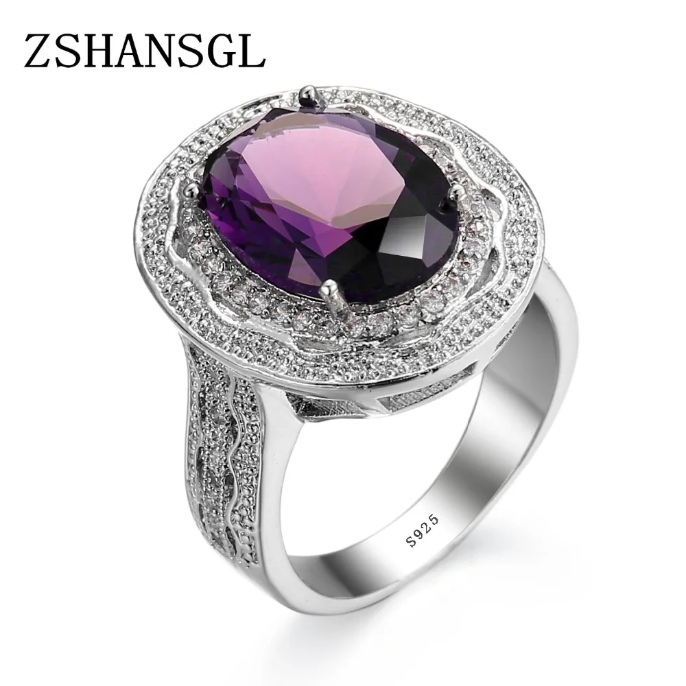 Классическое роскошное женское кольцо для девушек, Большой AAA Фиолетовый хрусталь, циркон, камень, обручальное кольцо из стерлингового серебра 925 пробы, кольцо для помолвки