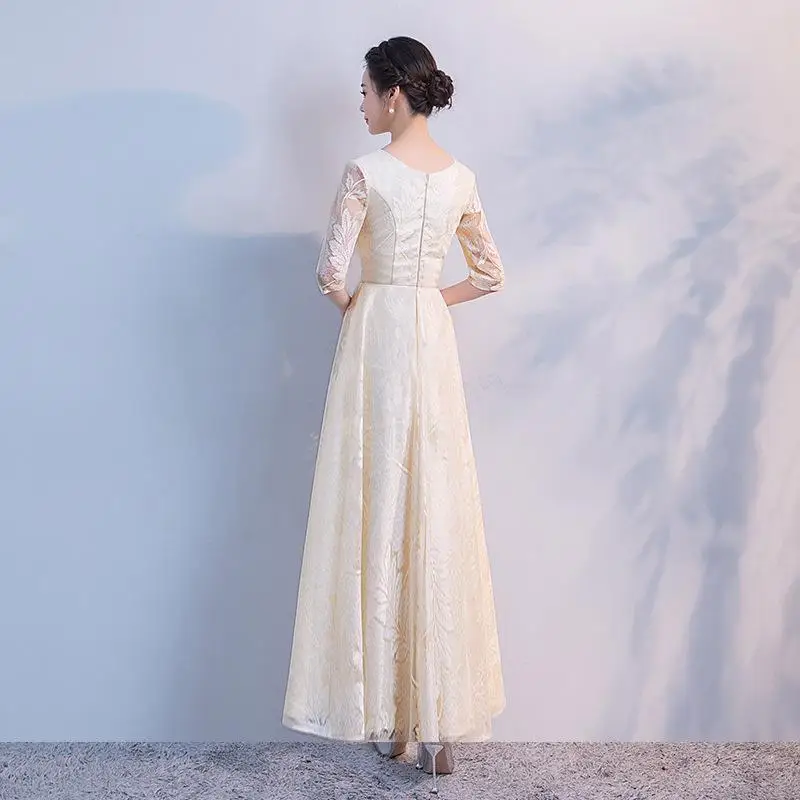 Вечерние вечернее женское платье Oriental в китайском стиле для женщин Элегантный Ципао с острым вырезом Свадебные Пром длинный халат Ретро Vestido XS-3XL - Цвет: B - - Champagne