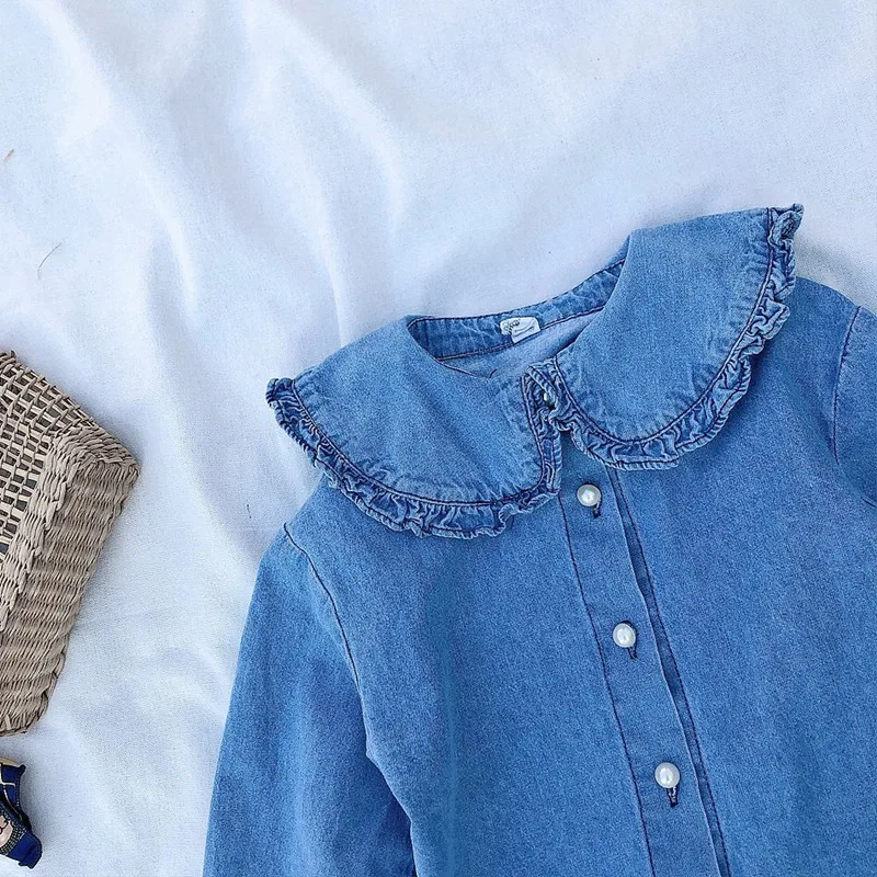 DFXD/одежда для малышей обувь девочек джинсовый, синие джинсы блузки малышек Весна Высокое качество с длинным рукавом Питер Пэн воротник Перл