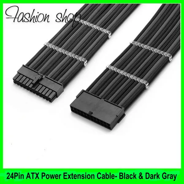 

12" Single Sleeved Black & Dark Gray 24 Pin ATX PSU Female to Male PC Power Extension Cable + 2PCS Clear Cable Comb