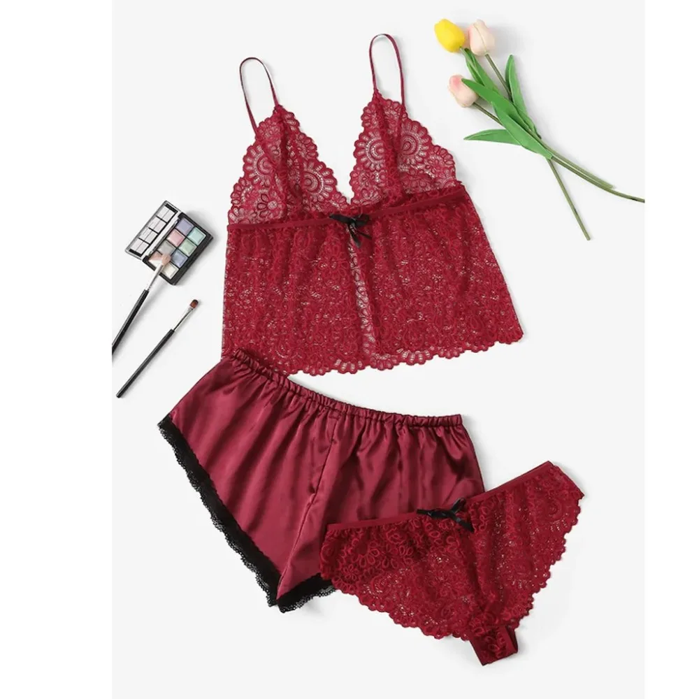 

3pc Women's Sleepwear Sexy Lace Pajama Set Black Lace V-Neck Pyjamas Sleeveless Cute Cami Top and Satin Shorts pijama mujer 2019