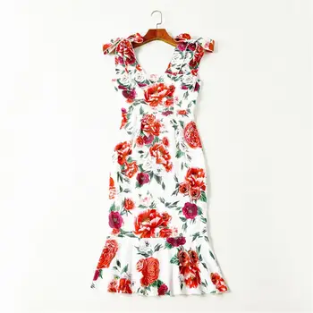

Women Summer Dresses 2018 High Quality Designer Runway Sleeveless Printed Spaghetti Strap Dress Vestidos DX0645N