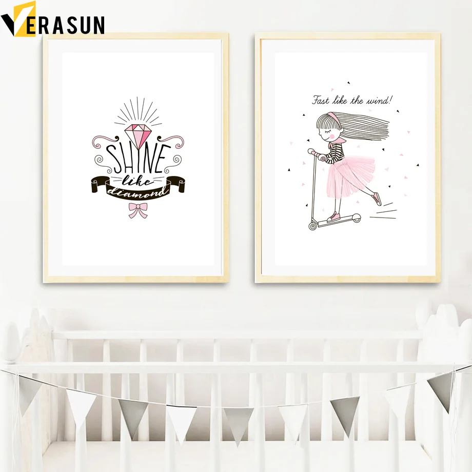 漫画の女の子再生スクーターダイヤモンド引用北欧ポスターやプリント壁アートキャンバス絵画の壁写真ベビー少女ルーム装飾 Wall Pictures Pictures For Kidspictures For Kids Room Aliexpress