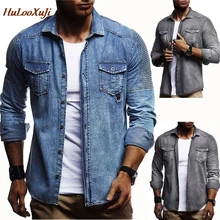 HuLooXuJi Мужская черная джинсовая рубашка Повседневная приталенная рубашка с длинным рукавом осенние хлопковые однотонные потертые джинсовые рубашки Размер США: M-3XL