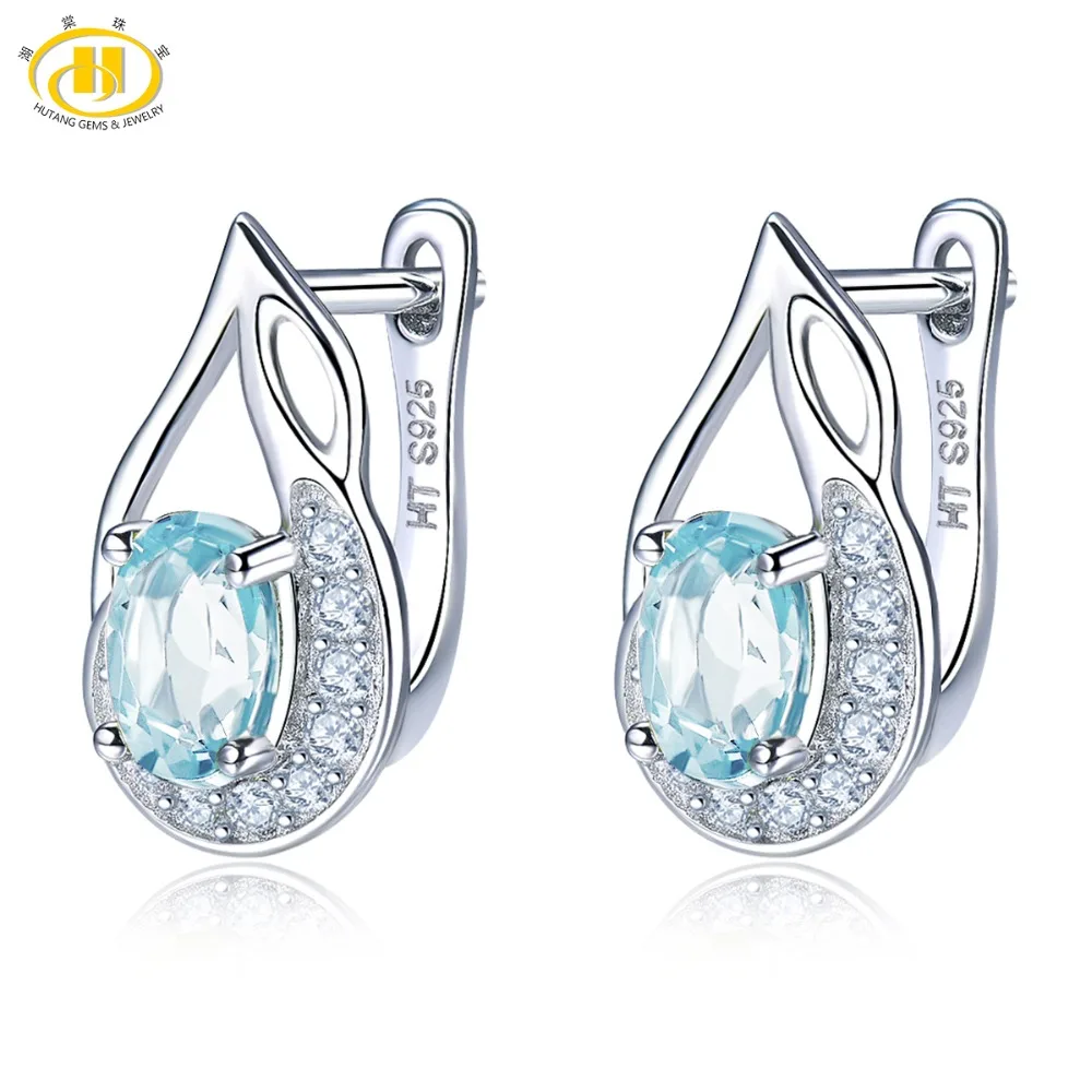 Hutang Stone Jewelry Natural Gemstone Sky Blue Topaz Solid 925 Sterling Silver Earrings Fine Fashion Jewelry For Birthday Gift