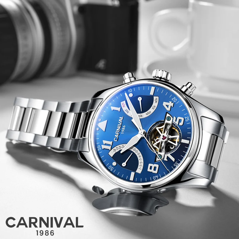 CARNIVAL Tourbillon Mode Welle Silber blau Uhr Leuchtende Display Мужские автоматические механические часы Uhren