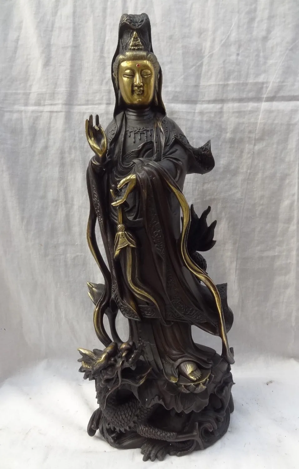 

huij 006635 18" Chinese Pure Bronze Gilt Lotus Kwan-Yin GuanYin Buddha Ride Dragon Statue