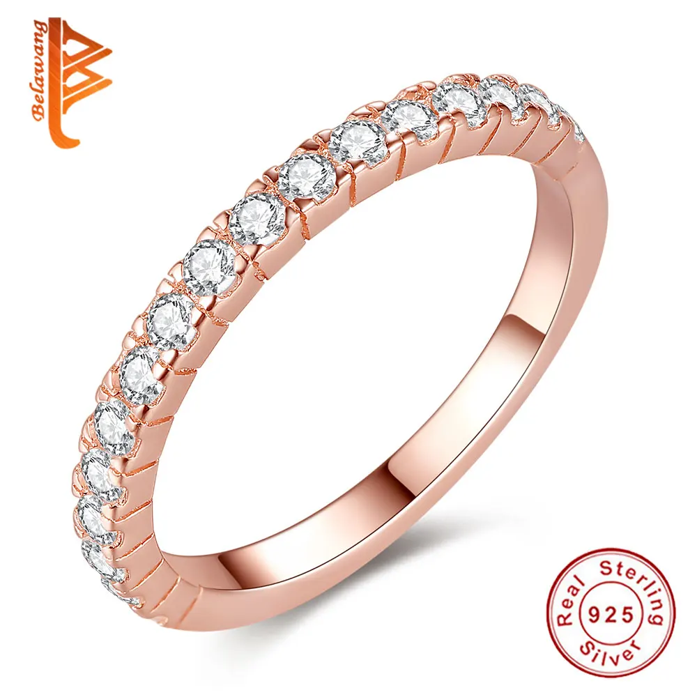 

BELAWANG Authentic 925 Sterling Silver Dazzling CZ Round Female Finger Rings for Women Wedding Jewelry Gift
