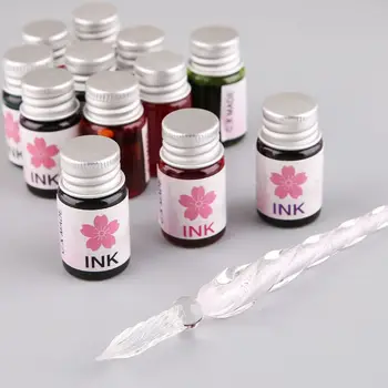 

12 Colors Bottled Dip Glass Pen Ink With 1Pc Cherry Blossom Rain Fountain Dip Writing Signature Pen Art Supplies Gifts