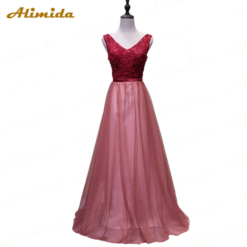 

ALIMIDA Long Evening Dress 2020 Appliques Prom Dresses Beading Sequins Sexy V-Neck Party Dress Floor Length Vestidos De festa