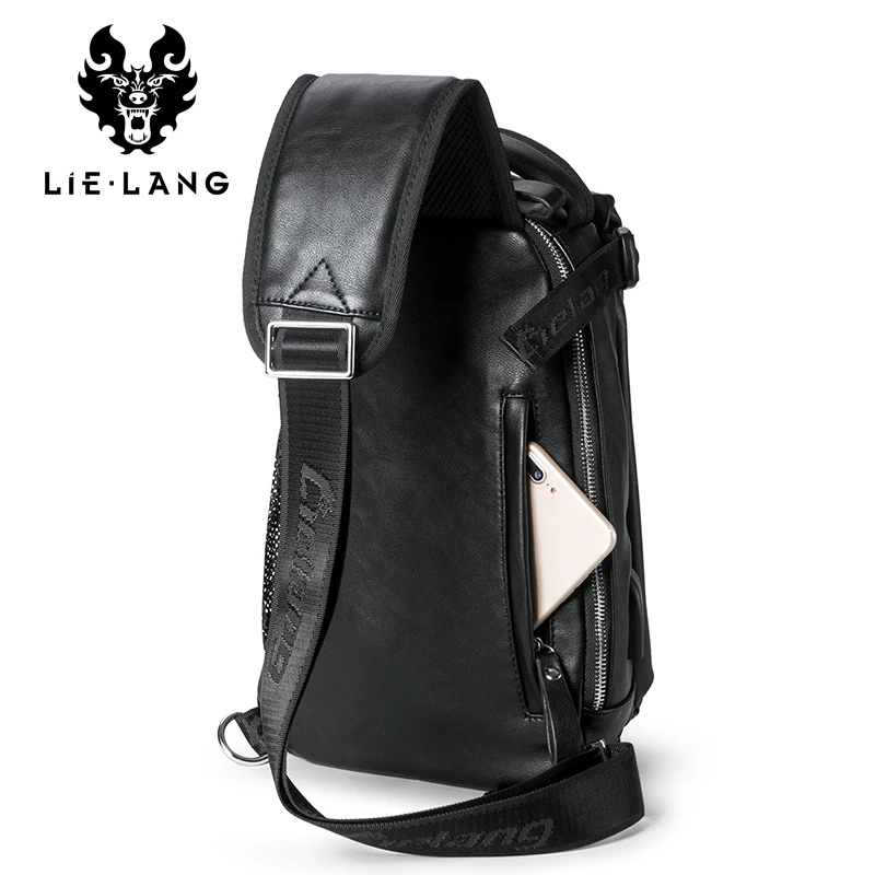 US $25.50 LIELANG Leather Chest Bag Man USB Charge Black Crossbody Bags Messengers Short Trip Chest Pack Waterproof Sing Shoulder Bags
