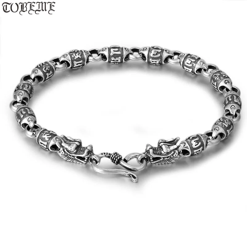 Ручной работы 925 Серебряный Тибетский дракон шесть слов пословица бисерный браслет 925 пробы буддийский ОМ мантра дракон браслет