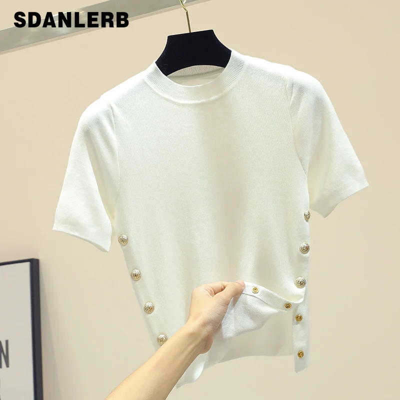 

Ice Silk Knitted Short Sleeve T-shirt Female 2019 Spring Summer New Slimming Thin Metal Buckle Short T-shirt Croop Top Women