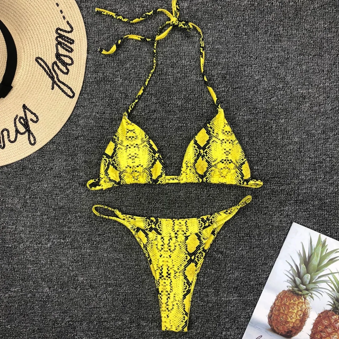 

2019 New High Waist Bikini set Yellow Bandeau Swimsuit Sexy Print Thong Bikini Women Swimwear Two-pieces Bather Bathing Suit