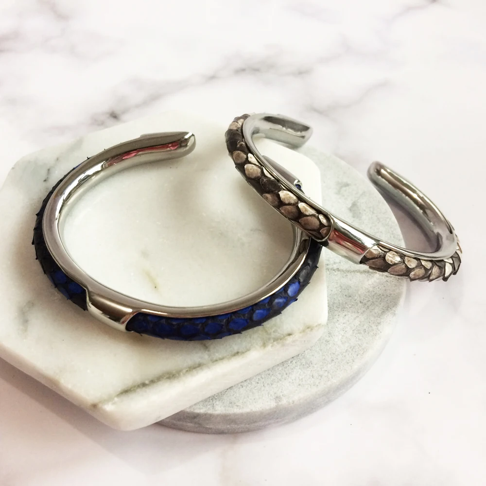 Luxury Blue Python Skin Leathe Bangle Bracelet C Shape Silver Color Stainless Steel Python 