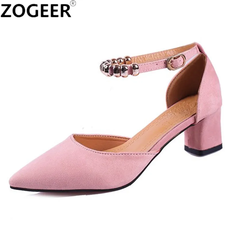

New Women's Pumps Pointed Toe Flock Casual Medium Heels Ankle Strap Sandals Ladies Party Wedding Shoes Black Pink Yellow