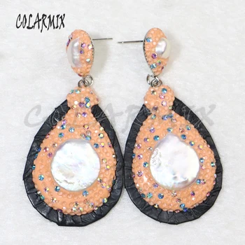 

6 Pairs White Pearls Black Snakeskin earrings Pave rhinestone Drop shape Natural Pearls Jewelry earrings gift for lady 8055