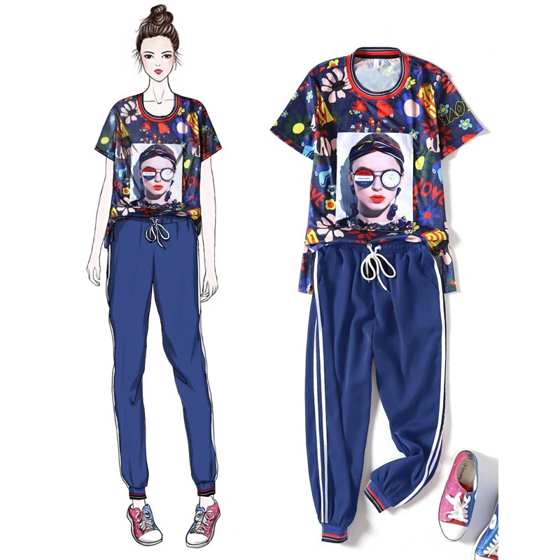 

2019 Summer Streetwear Sweat Suits Womens Short Sleeve Printed Top and Drawstring Striped Pants Set Two Pieces Plus size Outfits