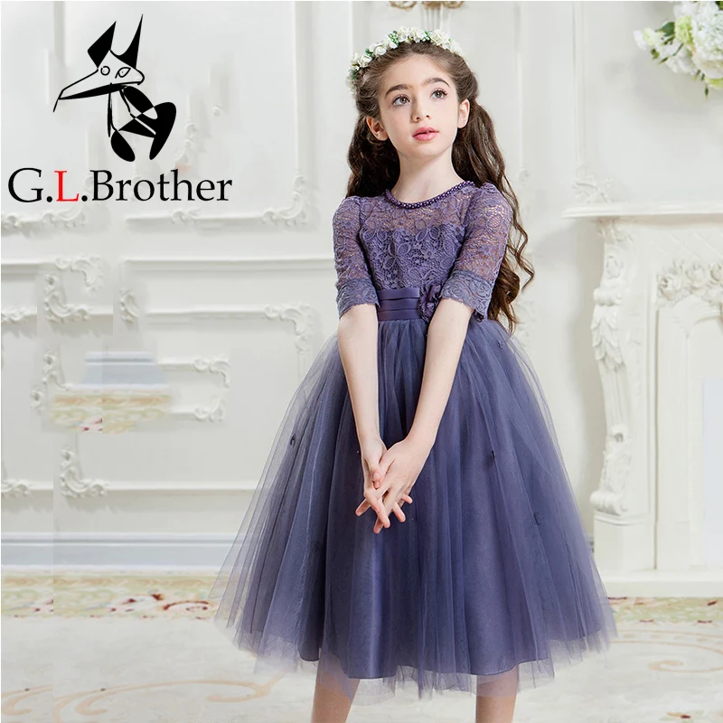 

3 Colors Hot Selling Long Sleeve Girls Weddings Dresses+Free Crown Summer 2017 Cute Lace Girls Dress For Party Kids Clothes P48