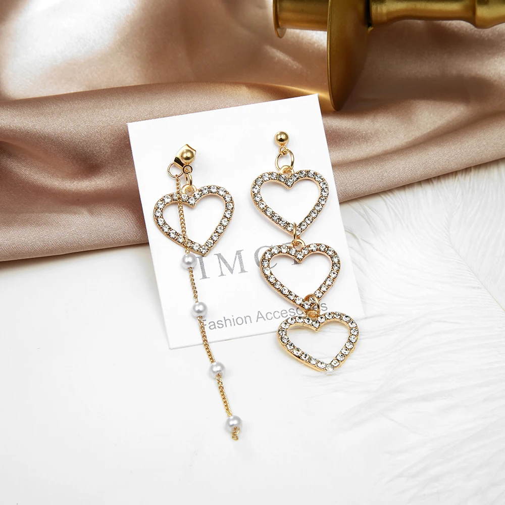 

2019 New Korean Love Heart Earrings Charm Pearl Tassel Crystal Earrings For Women Fashion Asymmetric Drop Earring Luxury Jewelry