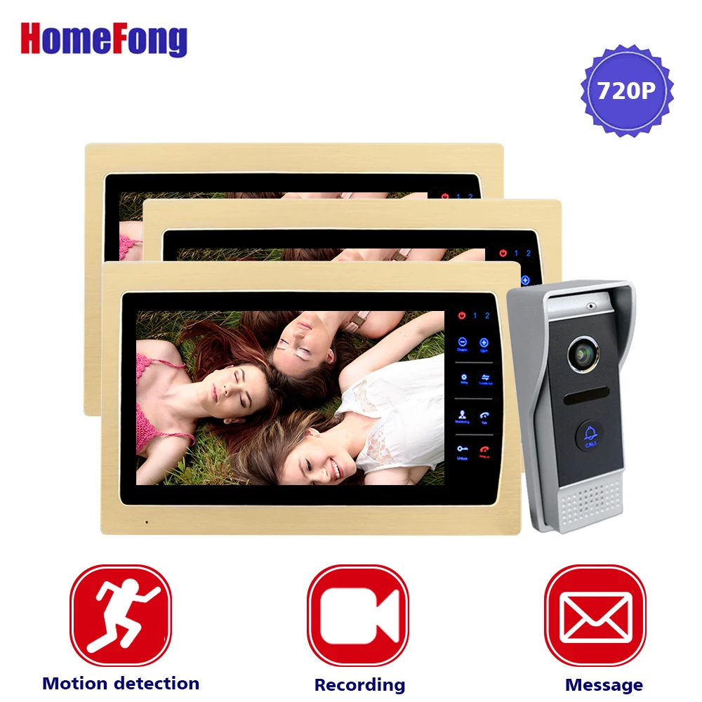 

Homefong 10 Inch Video DoorBell Intercom Waterproof 720P AHD Golden Monitor Metal Rainproof Unlock Record 3V1 IR Doorbell Camera