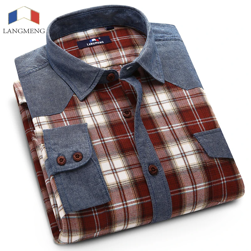 

Langmeng men spring autumn long sleeve Shirt plaid casual shirts turn down collar high quality men dress shirts slim fit