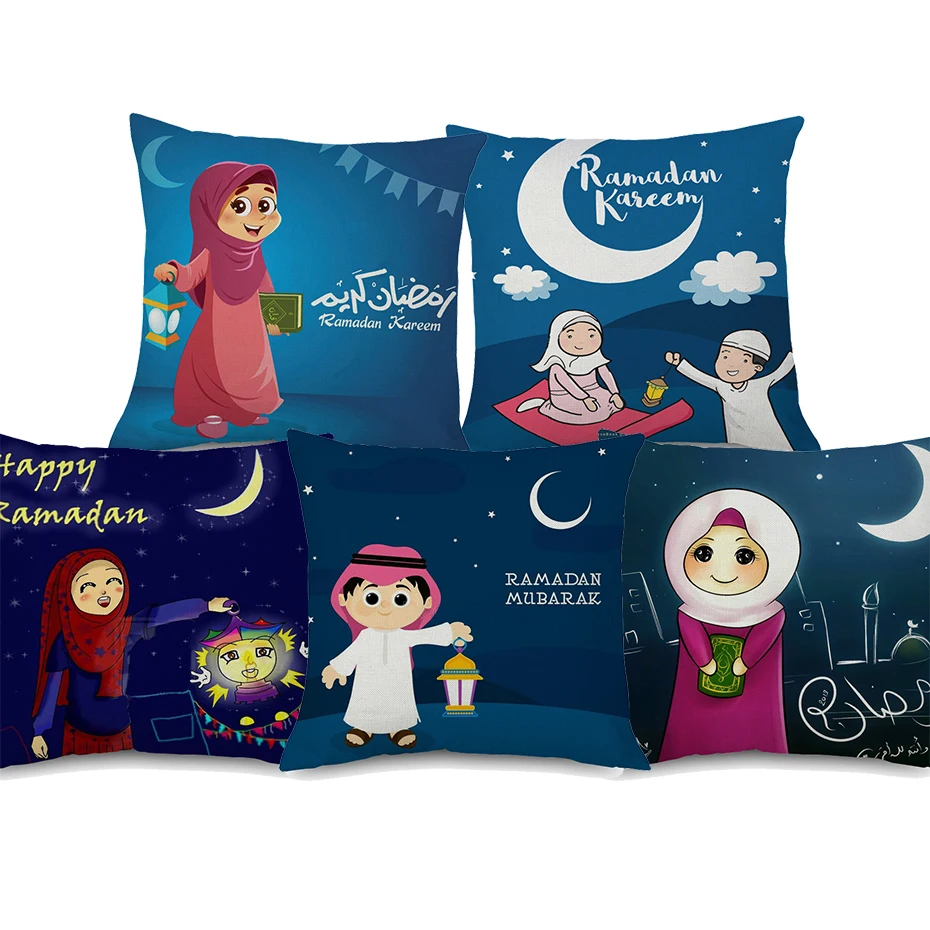 

Ramadan Kareem Eid Mubarak Cushion Cover Cartoon Girl Lantern Moon Pillow Covers Beige Linen Pillow Case Bedroom Decor