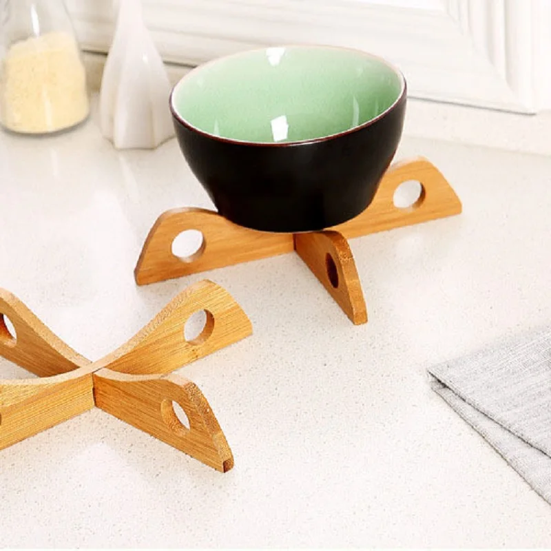 Bamboo Wood Pan Mats Holder Removable Heat Resistant Pot Rack Tableware
