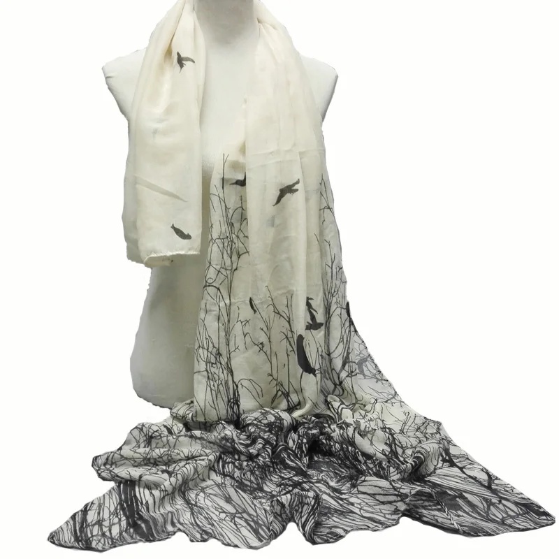 

[Visual Axles] Soft Light Weight 100% Viscose Print Abstract Birds On Tree Oblong Scarf Animal Scarves Shawl