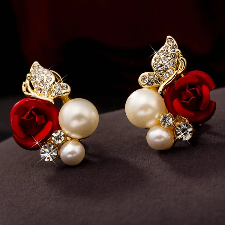 

2019 Trendy Rose Flower Earrings Exquisite Design Red Rose Stud Gorgeous Crystal Rhinestone Pearl Gold Stud Earring for Women