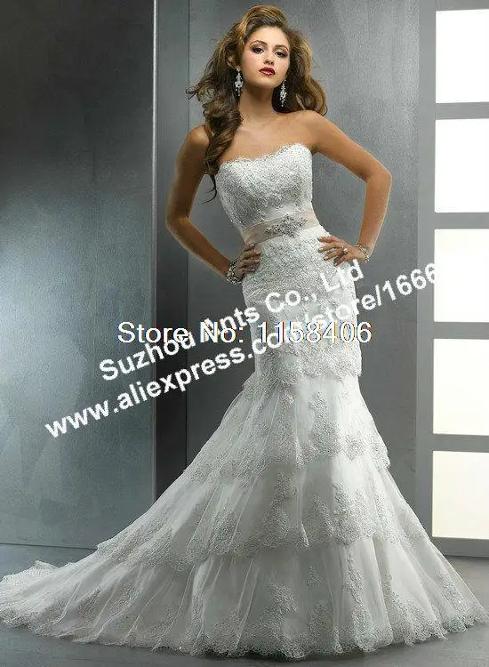 Beautiful Lace Mermaid Beaded Champagne Bow Sash Tiered Luxury Wedding Dress Cathedral WD1590 | Свадьбы и торжества