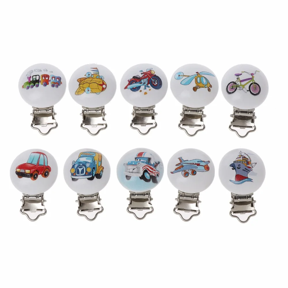 

5Pcs/Lot Baby Pacifier Clips Mixed Printed Wood Metal Holder Clasps 4.4cm x 3cm