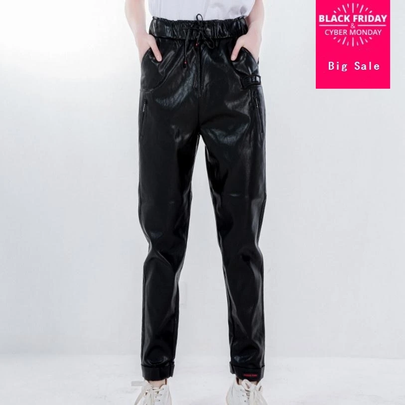 

2019 fashion Brand elastic waist pu leather pants female was thin leisure leather straight pants wj2333 free shipping