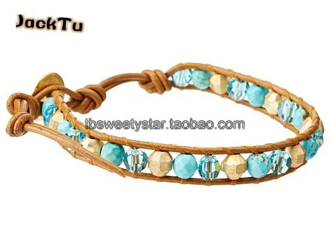 

gold laser beads green beads crystal leather wrap bracelet for men and woman