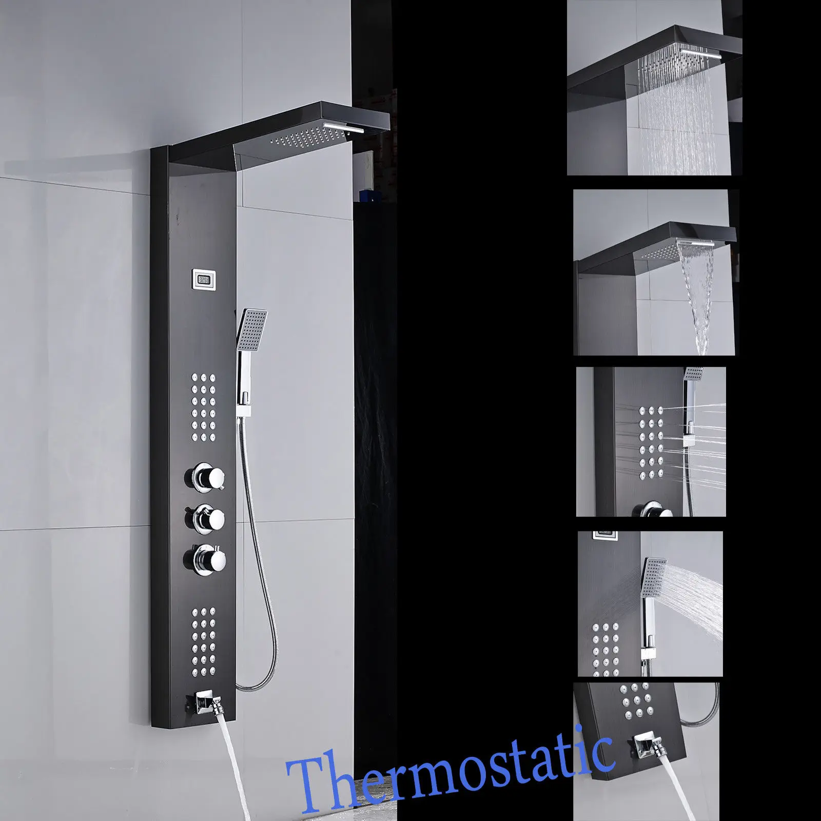 

Thermostatic Waterfall Rain Shower Panel Tower Shower Column Faucet Body Jets