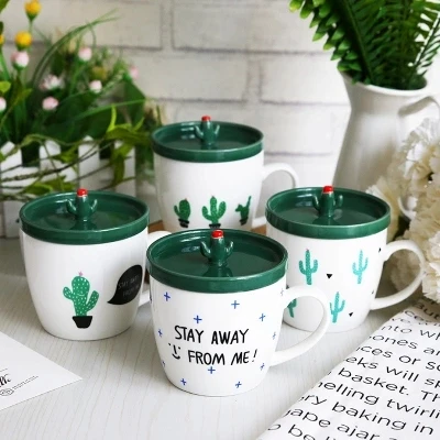 

Small fresh cactus mug with lid creative personality lovely ceramic coffee cup simple breakfast milk mug