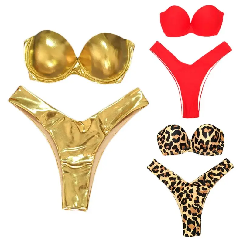 

Women Sexy Bikini Set Glitter Gold Color/Vintage Leopard Strapless Underwire Padded Bra Swimsuit Thong Bathing Suit 3 Styles