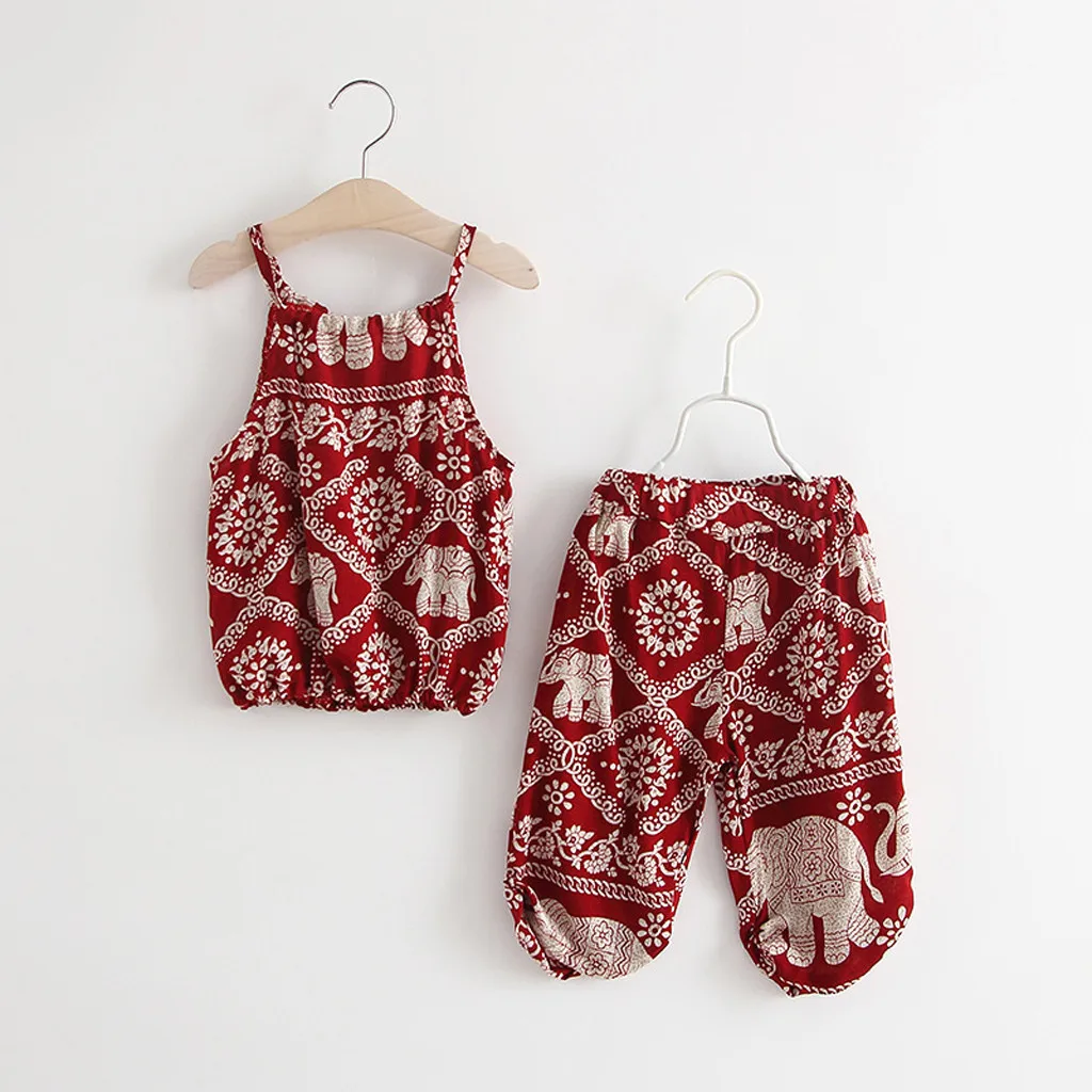 

Summer New Fashion Toddler Baby Girls Cartoon Print Strap Sleeveless Tops Pants Clothing Set Outfits Wholesale Free Ship Z4