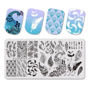 

BEAUTYBIGBANG 6*12CM Rectangle Nail Stamping Plates Birds Peacock Feather Nail Art Template Image Plate XL-065
