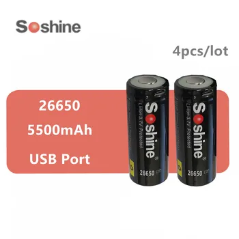 

4pcs original soshine brand 26650 battery 5500mAh with usb charging port rechargeable battery with Protecte batteries Micro-USB